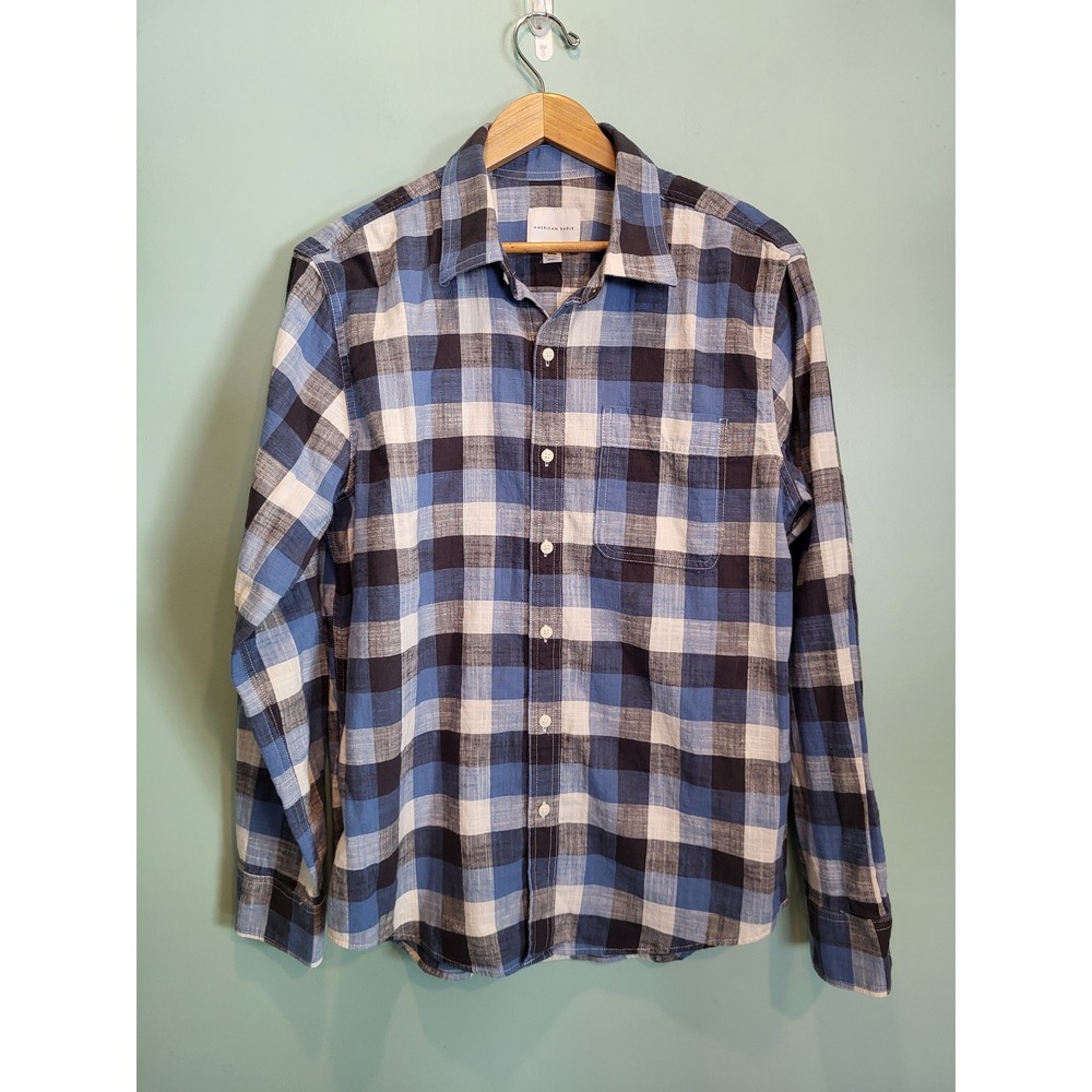 New Mens Blue Buffalo Plaid Long Sleeve Button Up Shirt American Eagle Sz M